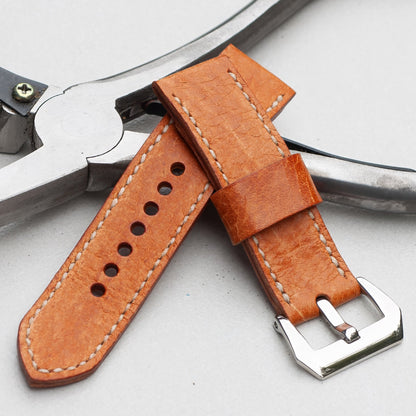 Vintage Stag leather watch strap with natural stitching and polished steel buckle