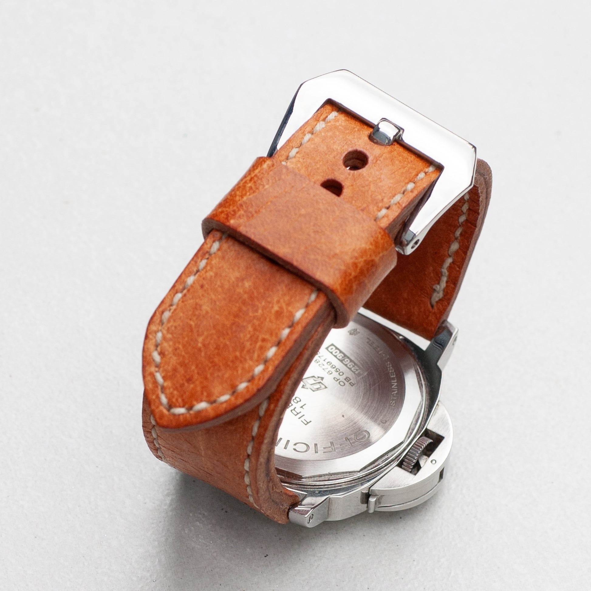 Vintage Stag leather watch strap with natural stitching and polished steel buckle
