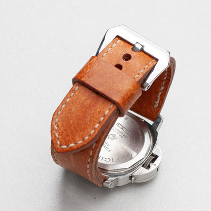 Vintage Stag leather watch strap with natural stitching and polished steel buckle