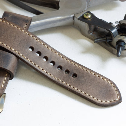 Zombie leather watch strap with natural stitching and polished steel buckle