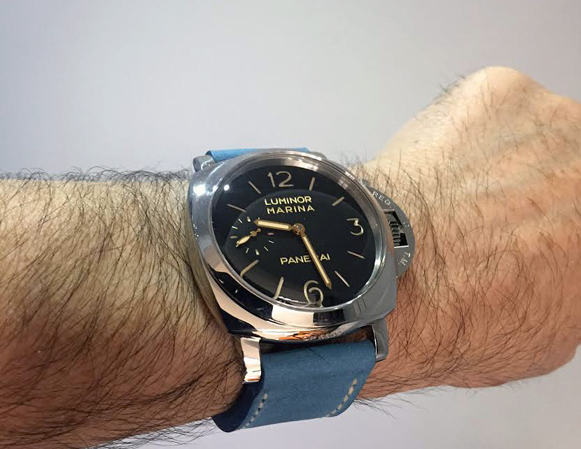 Panerai 422 on Sky Blue leather with natural stitching. © Mark Simpson