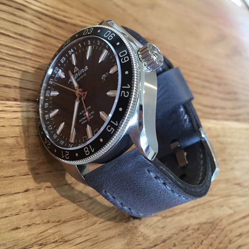Alpina GMT4 on Storm Blue leather with Grey stitching. © Neil Frankland