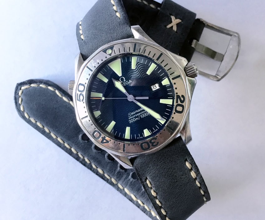 Omega Seamaster on Storm Blue leather with Natural stitching. © Brooks van Norman