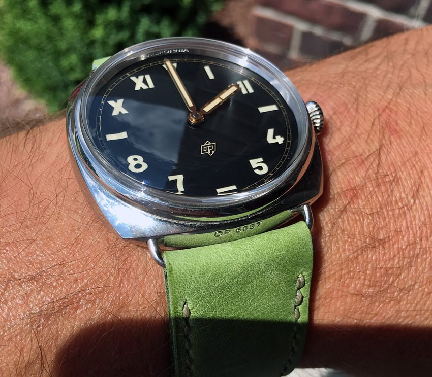 Panerai 424 on Lime leather with olive drab stitching. © Jason McNamara