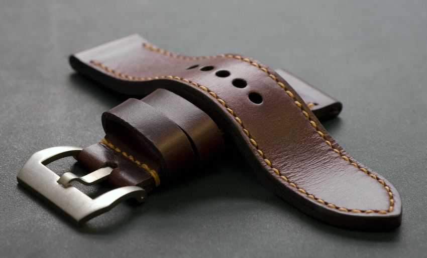 Burgundy leather handmade watch strap. Hand stitched by Toshi Straps