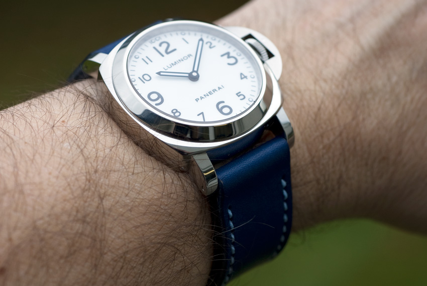 White dial Panerai 114 on a Lapis Blue leather watch strap
