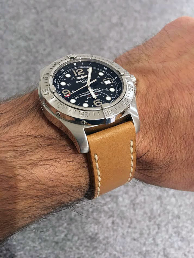 Breitling Super Ocean on Almond leather with natural stitching. © Fredrik Lundgren