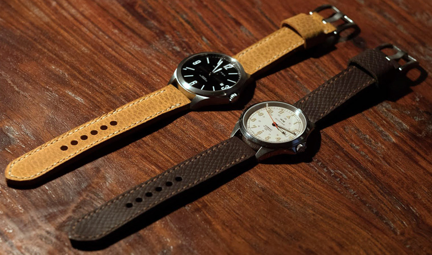 Glycine Combat 7 on Mushroom leather with light brown stitching, and Hamilton Khaki Aviation on Mustard leather with natural stitching. © Christopher G