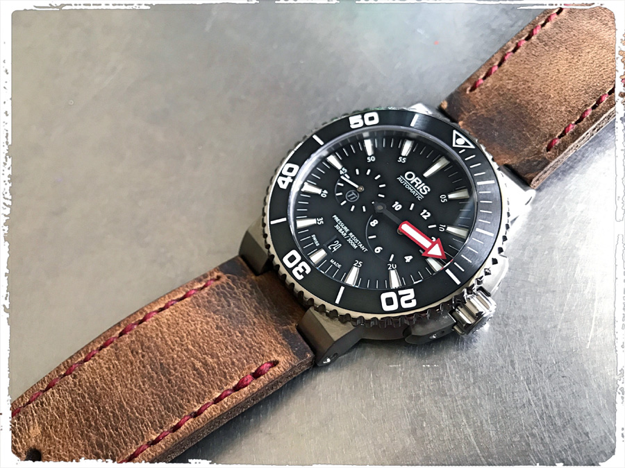 Oris Regulateur on Outback leather with red stitching. © Allen Han
