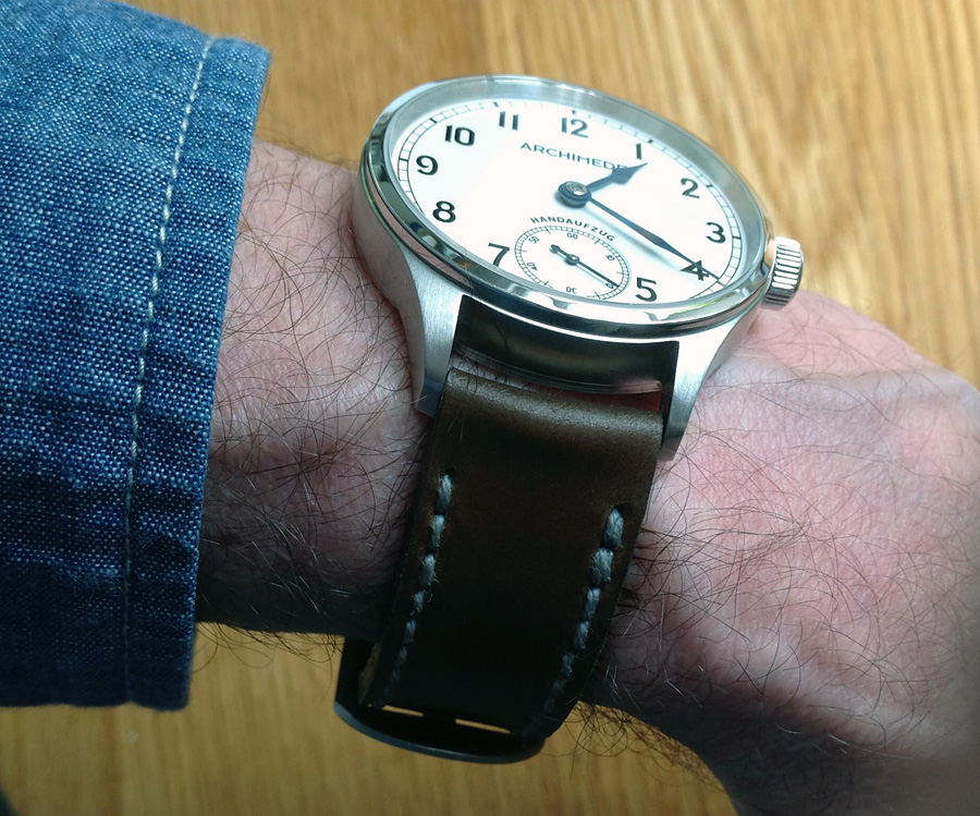 Archimede Deckwatch on Brown shell cordovan leather with grey stitching. © Bill Coumbe