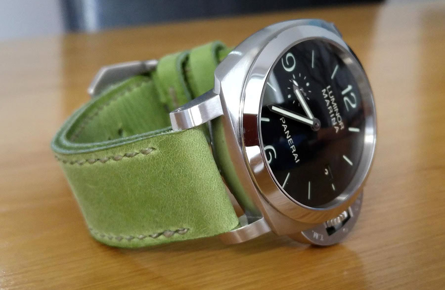 Panerai 312 on Lime leather with olive drab stitching. © Jason Watson
