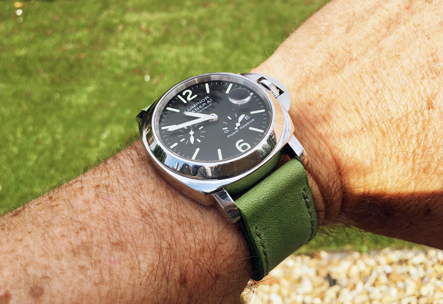 Panerai PAM90 on Lime leather with olive drab stitching. © Paul Monaghan