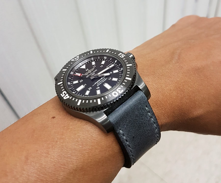 Breitling Superocean on Storm Blue leather with grey stitching. © Vitavas Singkiratana