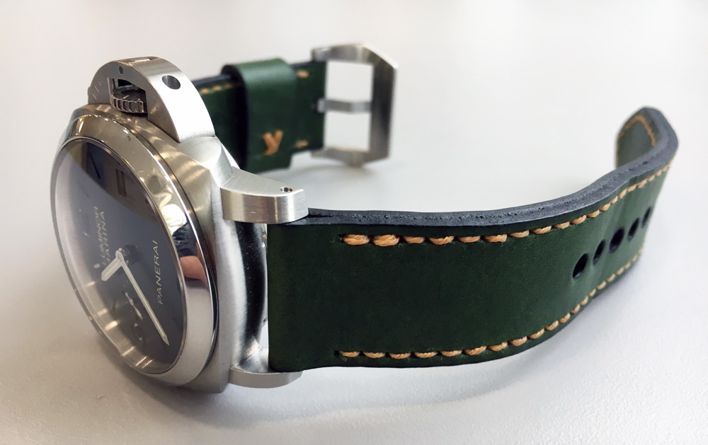 Panerai 312 on Emerald leather with butterscotch stitching. © Marko Lintunen