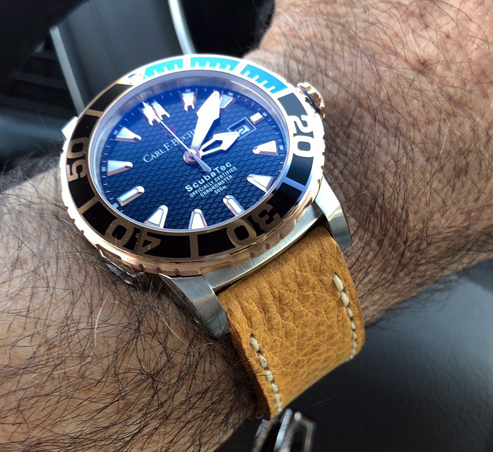 Bucherer Scubatec on Mustard leather with natural stitching. © Barry Rosen