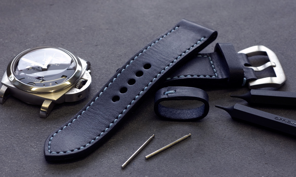 Typhoon leather strap with pale blue stitching made for my Panerai 233