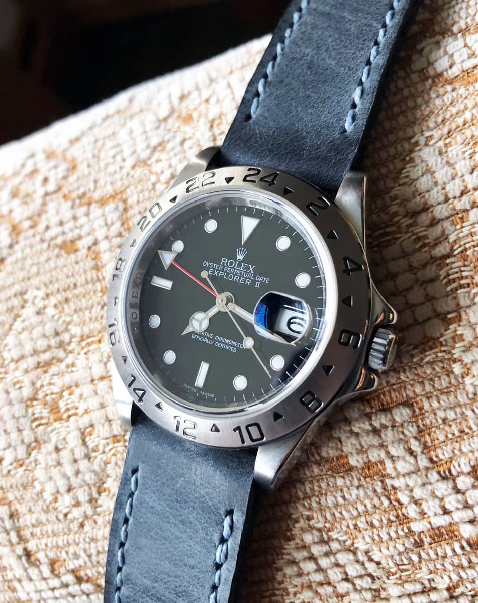 Rolex Explorer on Storm Blue leather with denim stitching. © Nigel Street