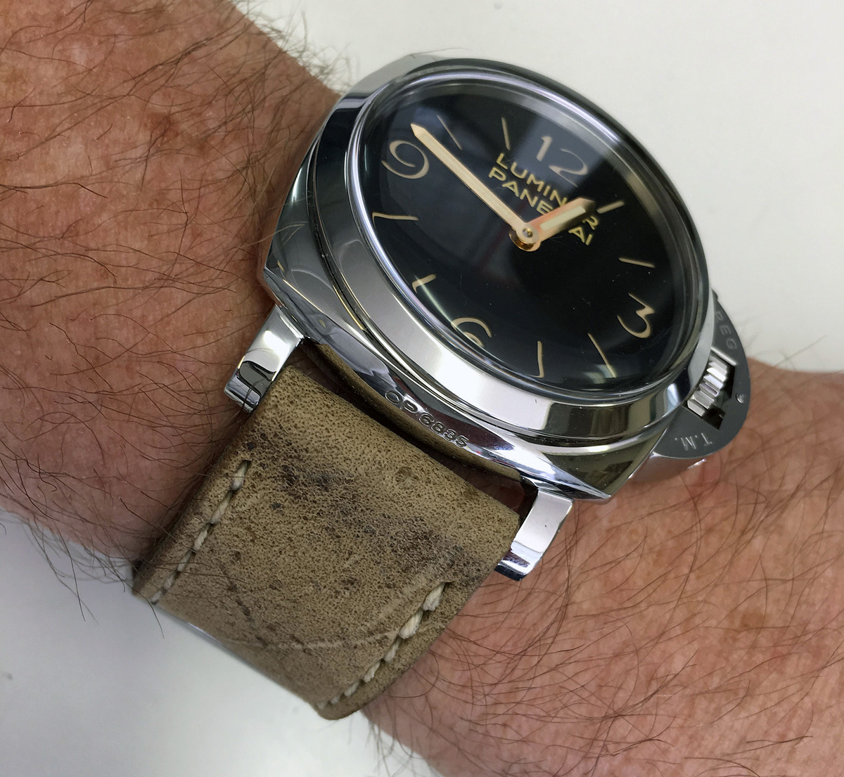 Modified Panerai 372 on African Kudu leather with natural stitching. © Steve Smedley