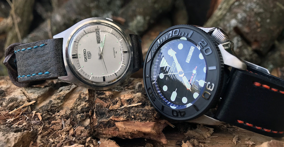 Seiko 5 on Stone leather with teal stitching, and Seiko SKX on Nero leather with orange stitching. © James Mocroft
