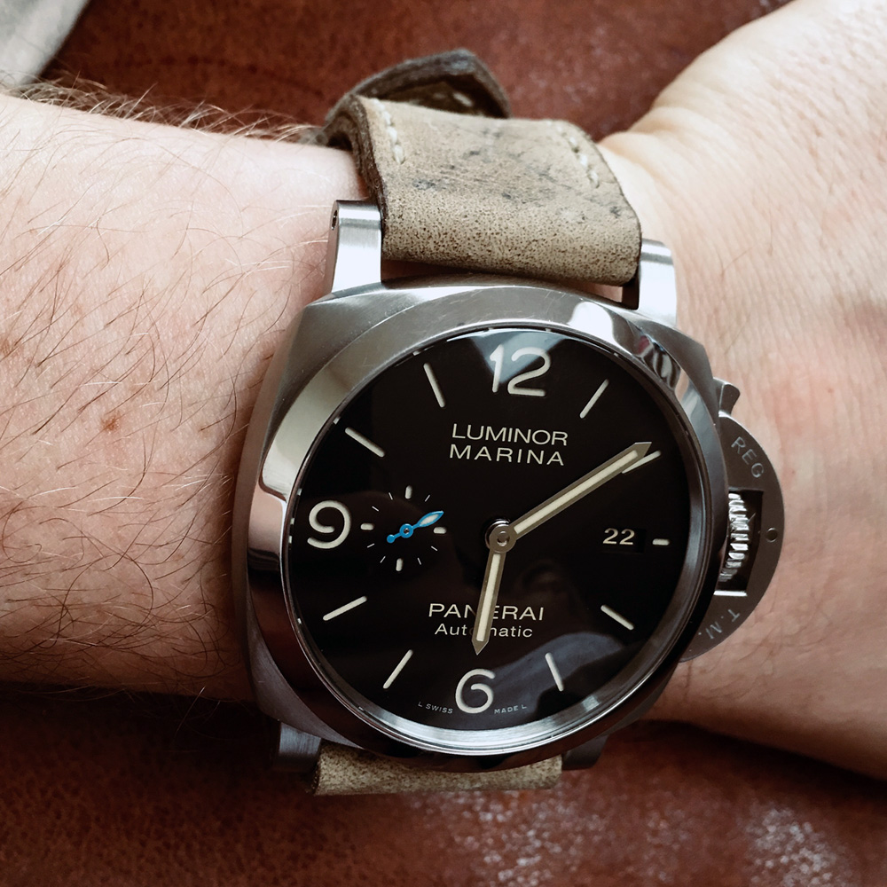 Panerai 1312 on African Kudu leather with natural stitching. © Dylan Wyn Pugh