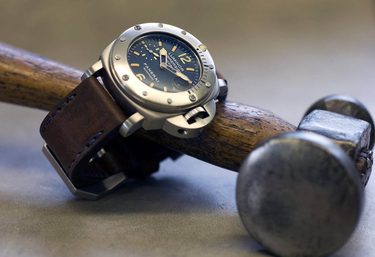 Panerai 87 on Horween Nut Brown leather with royal blue stitching. © Richard Beard