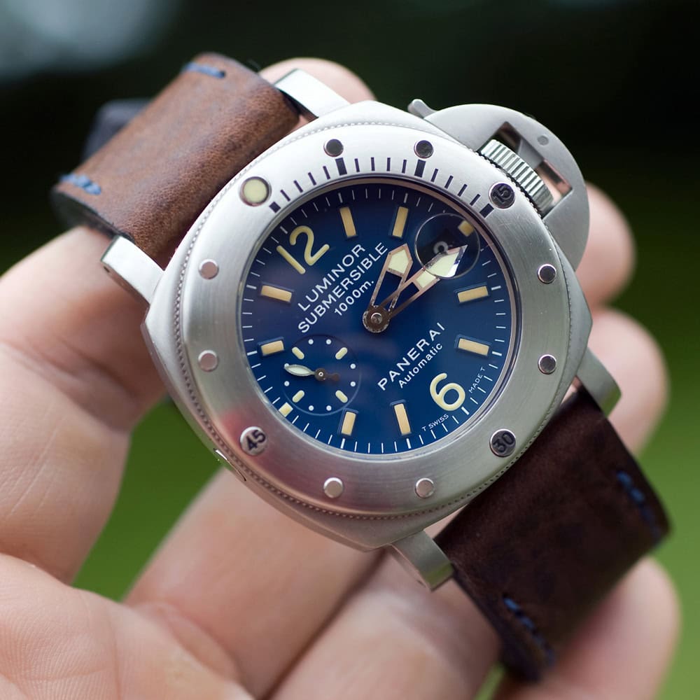 Panerai 87 on Horween Nut Brown leather with royal blue stitching. © Richard Beard