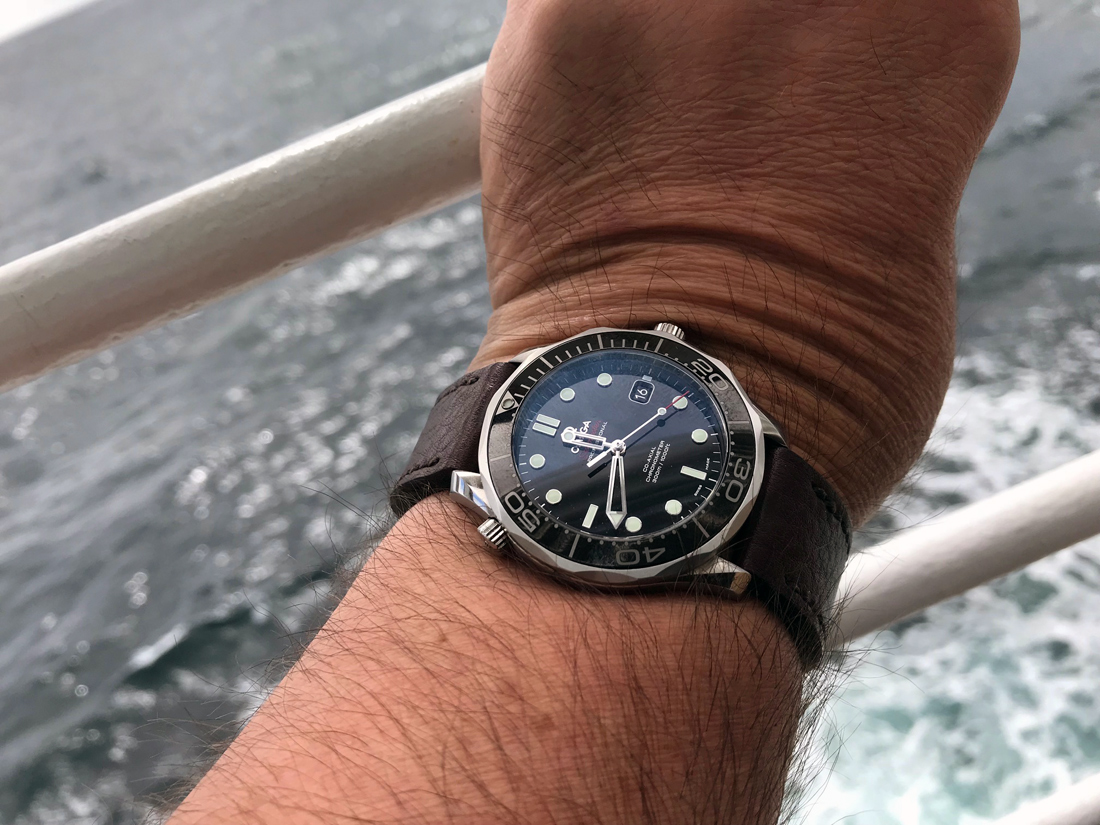 Omega Seamaster on Aegir leather with dark brown stitching. © Jeremy Newell