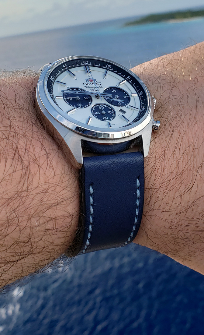 Orient Neo 70's on Lapis Blue leather with pale blue stitching. © Scott Cody