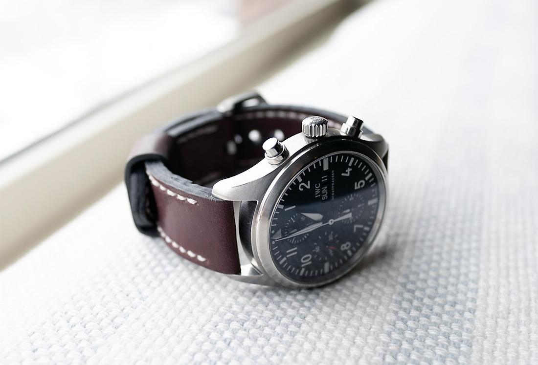 IWC 3717 on Burgundy shell cordovan leather with white stitching. © Cary Schatz
