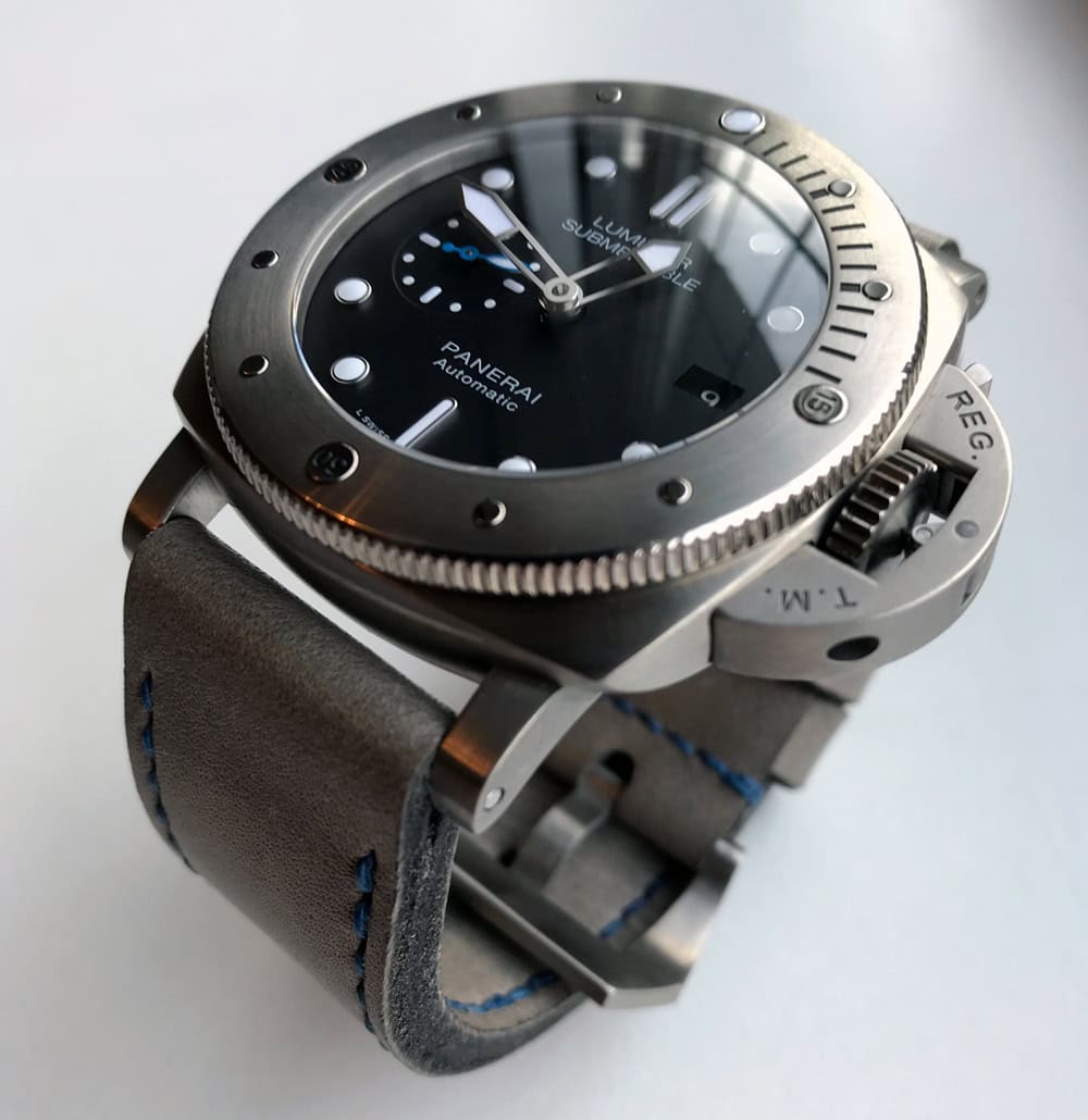 Panerai 1305 on Military Grey leather with royal blue stitching. © Terry Wright