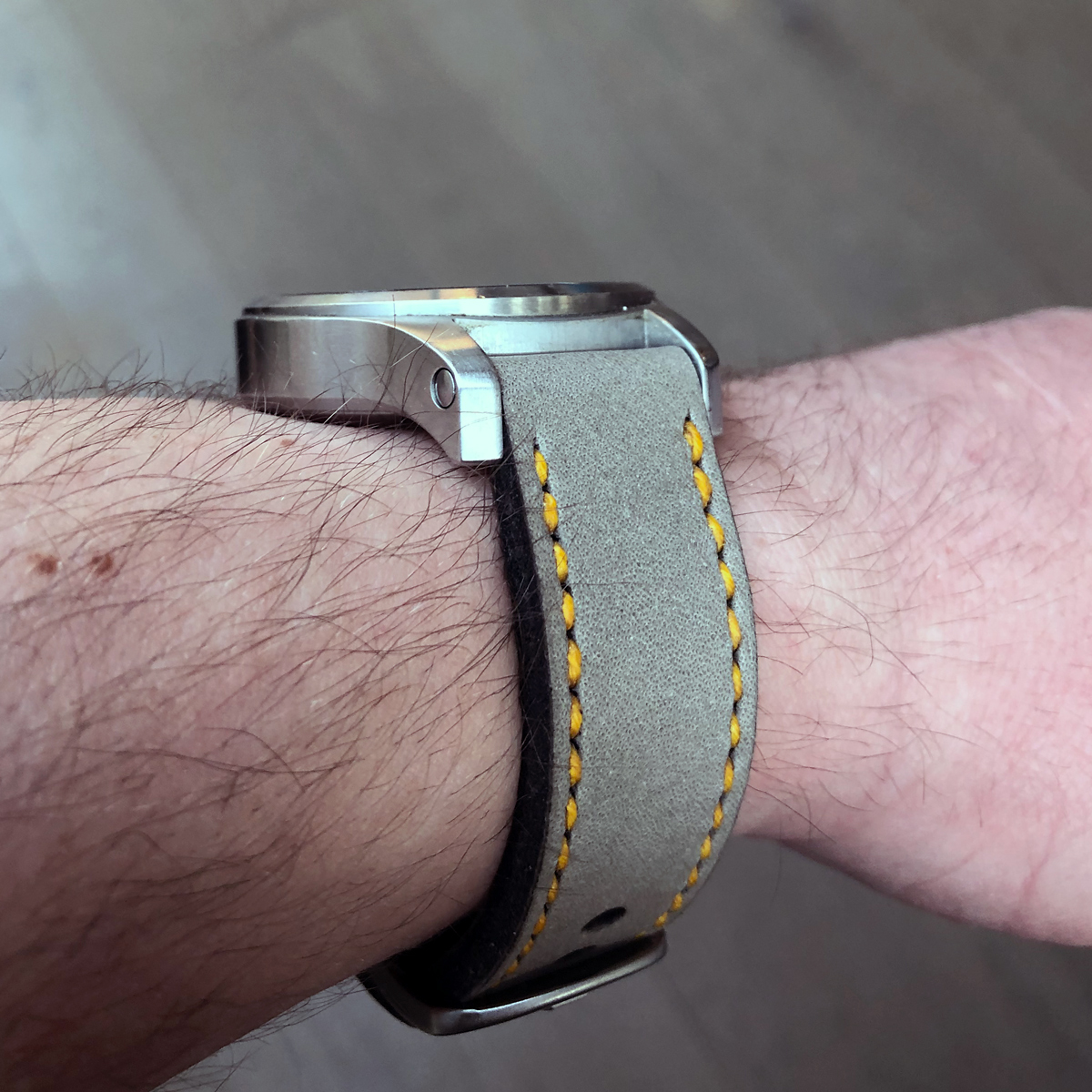 Fortis B-42 on Military Grey leather with bright yellow stitching. © Rob Saville
