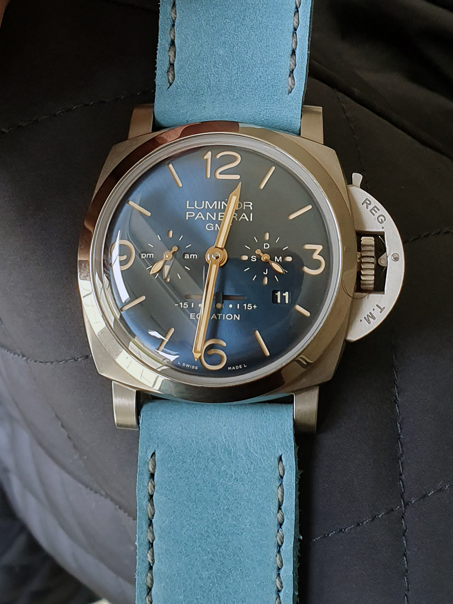 Panerai 670 on Sky Blue leather with grey stitching. © Richard Kitts