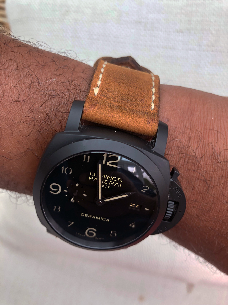Panerai 438 on Old Timer leather with natural stitching. © Carl Foster