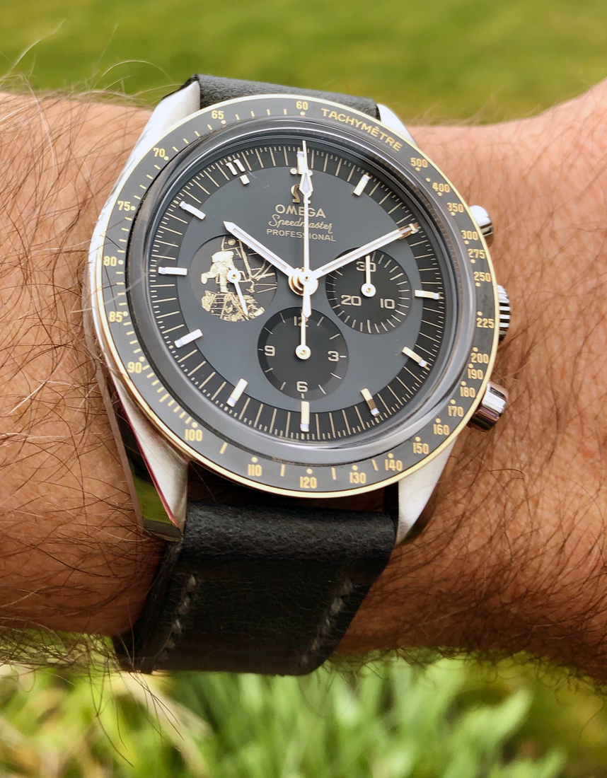 Omega Speedmaster Apollo 11 LE on Storm Blue leather with grey stitching. © Adrian Spark