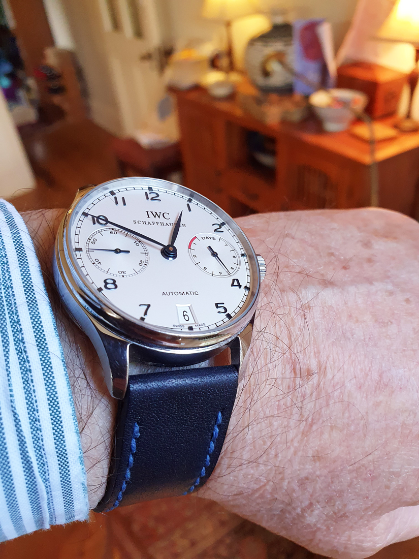 IWC Portugieser Automatic on Typhoon leather with royal blue stitching. © Jonathan Groves