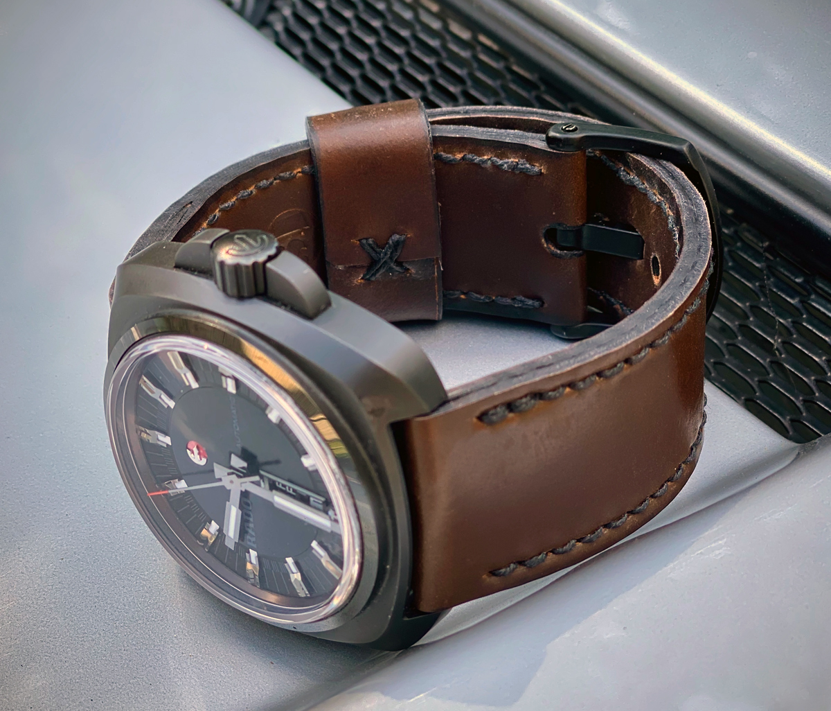 Rado HyperChrome 1616 on Brown shell cordovan leather with black stitching. © Michael Moser