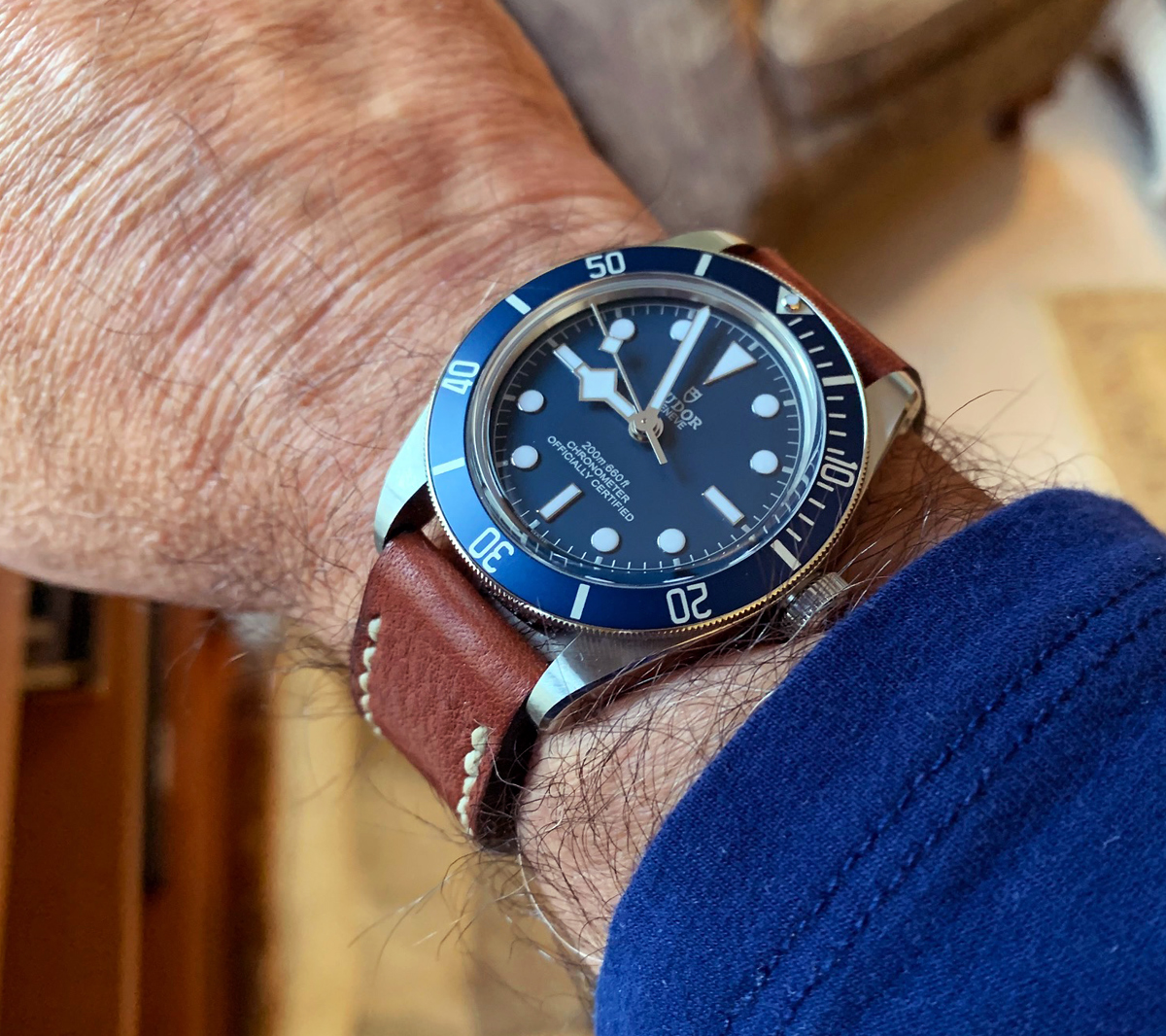 Tudor Black Bay 58 Blue on Cyclone leather with natural stitching. © Stephen Kirsch