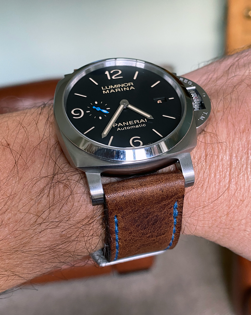 Panerai 1312 on Horween Nut Brown leather with royal blue stitching. © Dave Todd