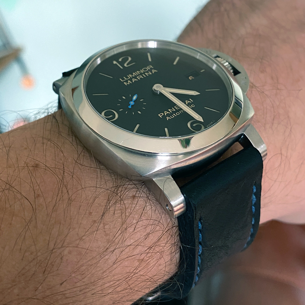 Panerai 1312 on Nero leather with royal blue stitching. © Dave Todd