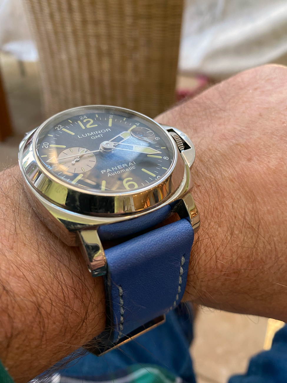 Panerai PAM88 on Cobalt Blue leather with pale blue stitching. © Francis Ayres