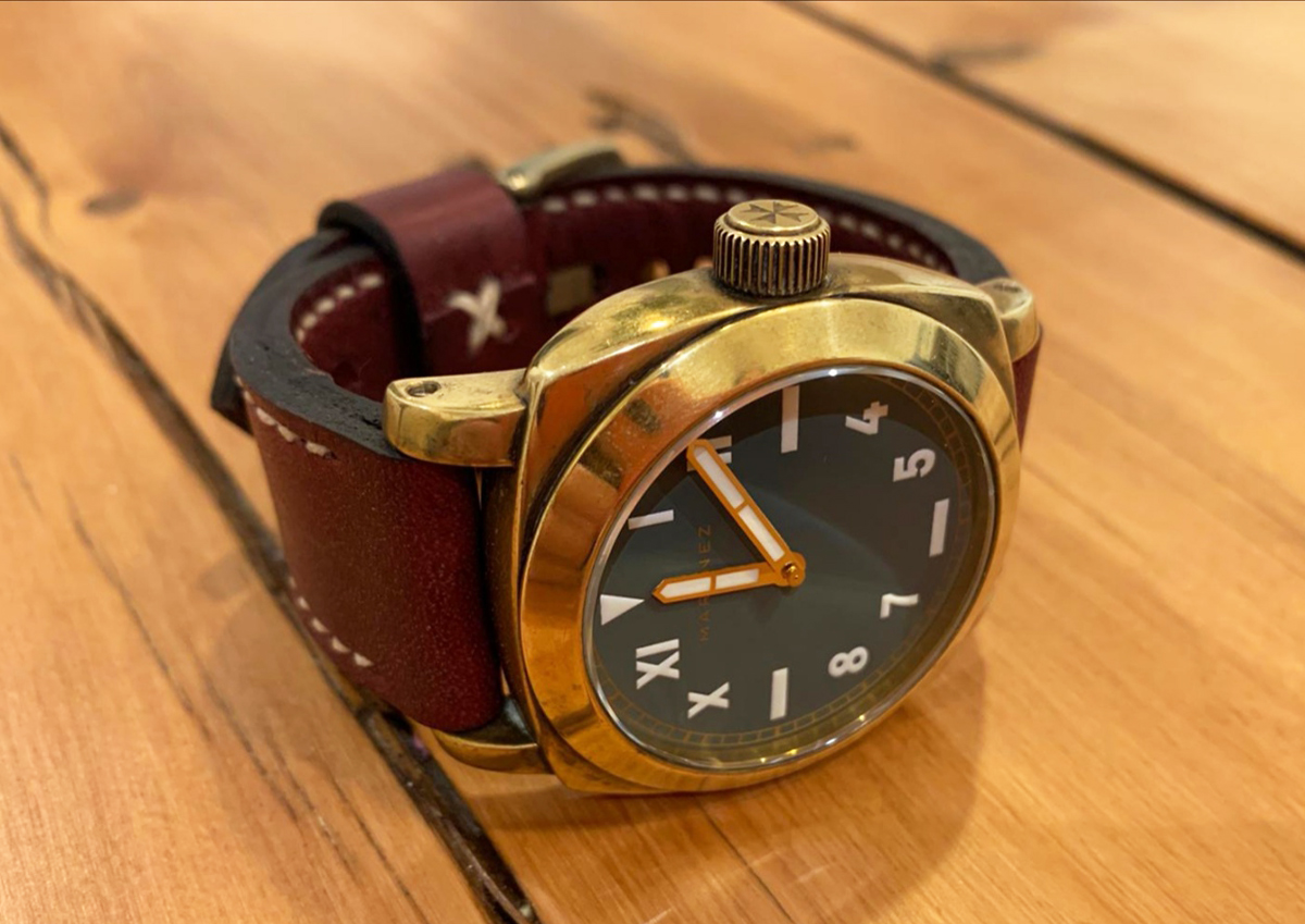 Maranez Layan brass with cali dial on Tempest leather with natural stitching. © Tom Ashmore
