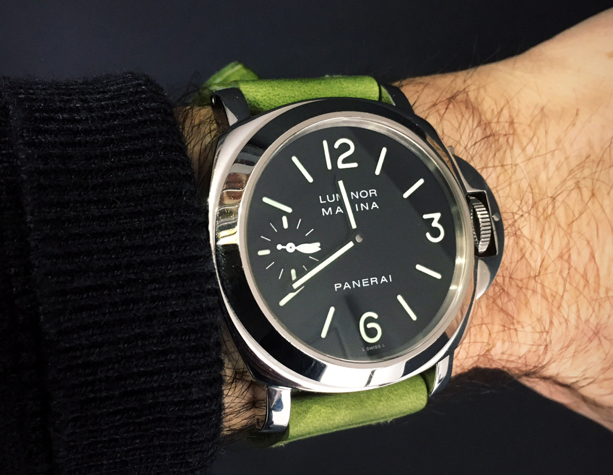 Panerai 001 on Lime leather with olive drab stitching. © Mark Simpson