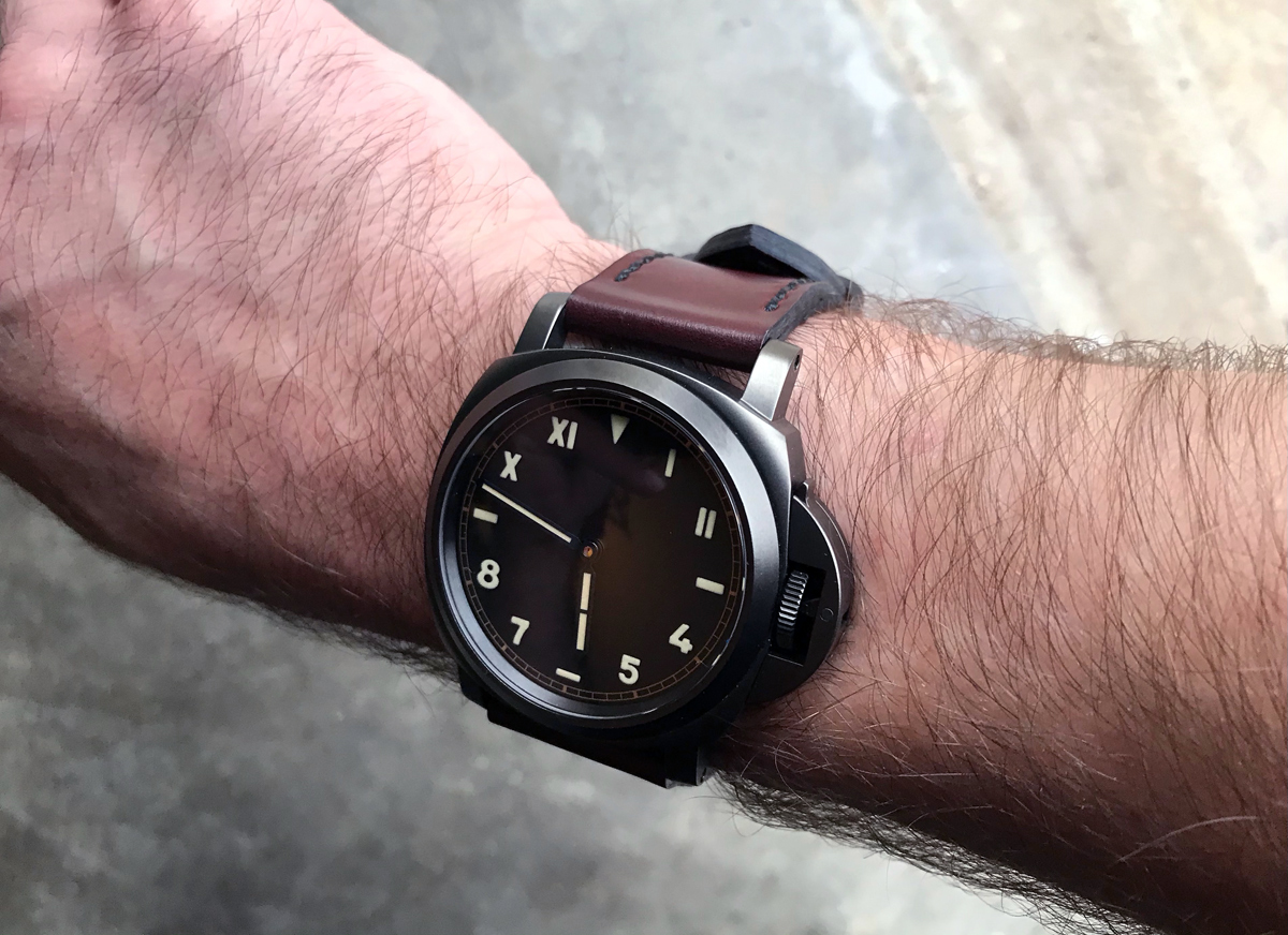 Panerai 779 on Burgundy Shell Cordovan leather with black stitching. © Michael Cook