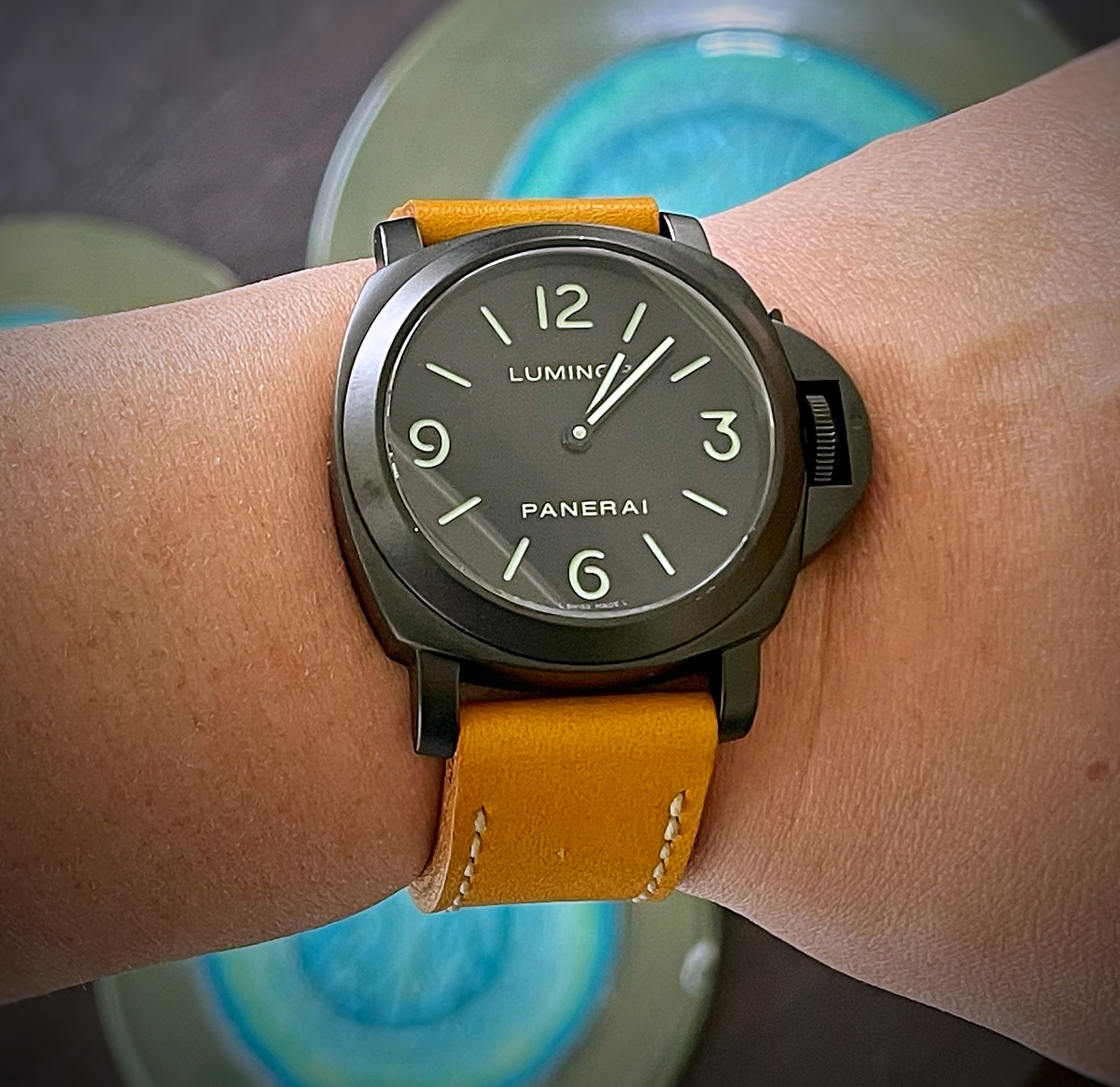 Panerai 112 custom pvd on Giallo leather with natural stitching. © Wen Gagne