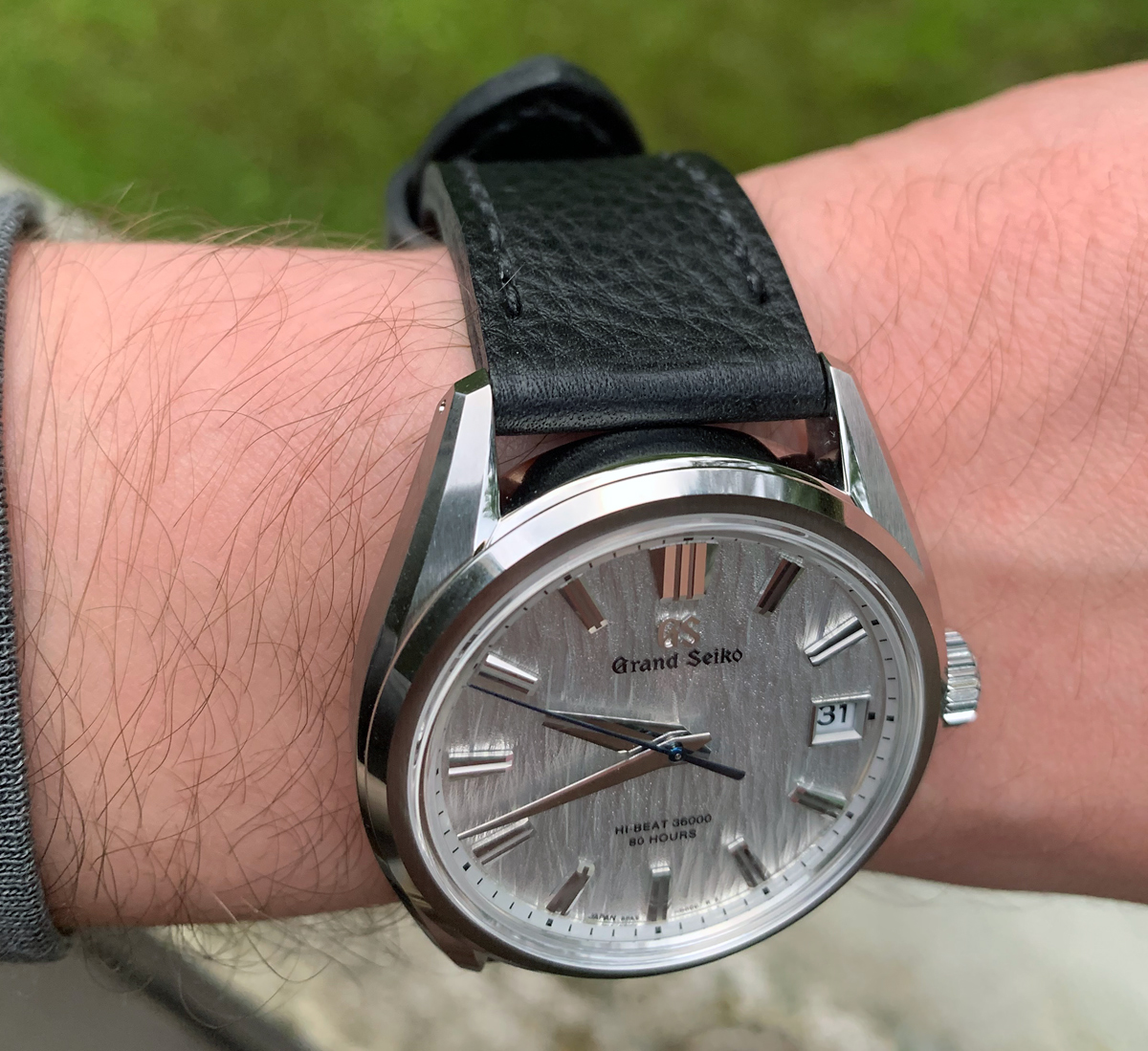 Grand Seiko SLGH005 on Raven leather with black stitching. © Janne Suominen
