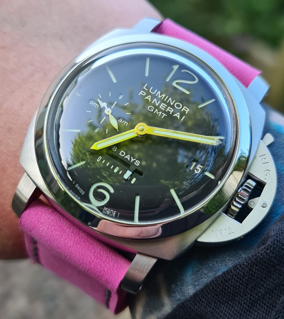 Panerai 233 on Bubble Gum leather with grey stitching. © Celia Cordingly