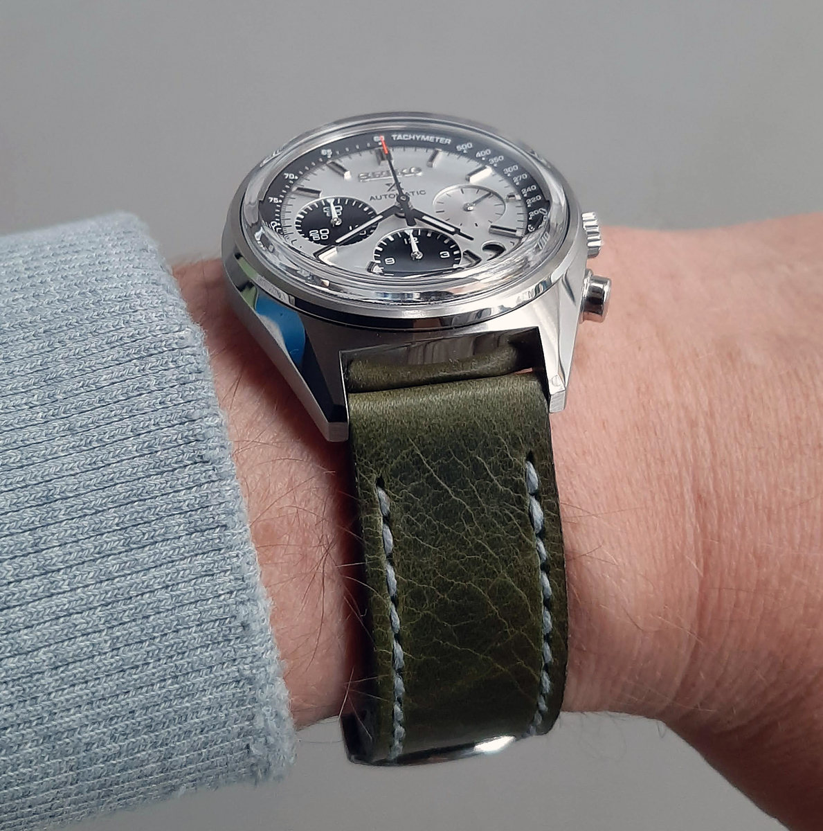 Seiko Prospex 50th Anniversary chrono on Antique Green leather with grey stitching. © Jussi Mozo