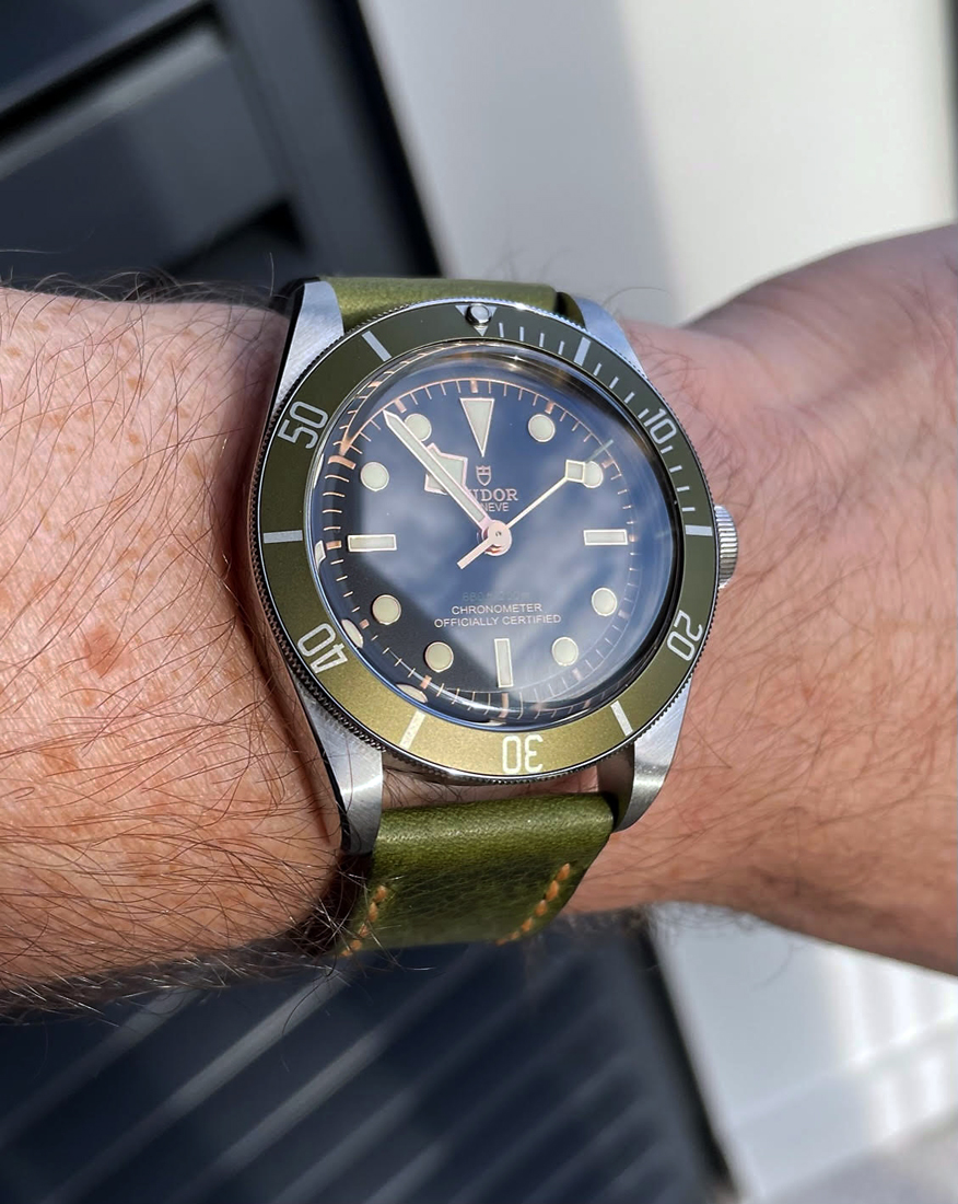 Tudor Black Bay "Harrods" LE on Antique Green leather with butterscotch stitching. © Mark Yardley
