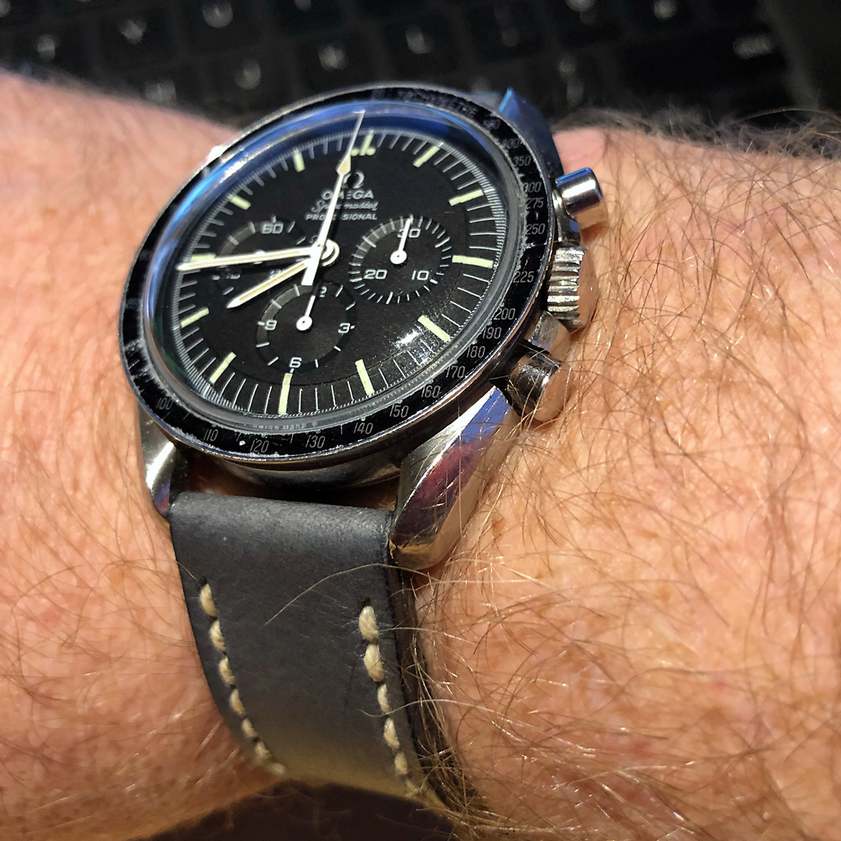 Omega Speedmaster on Petrol leather with natural stitching. © Mark Holt