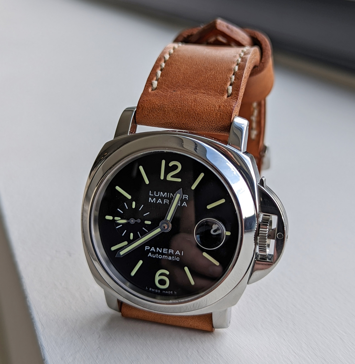 Panerai 104 on Conker leather with natural stitching. © David Blackie